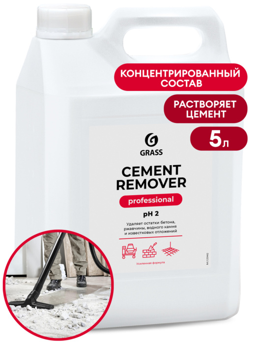 Cement Remover, Кислотное моющее средство для удаления остатков цемента, бетона, ржавых пятен, водного камня, извести, солевых отложений, и др., GRASS (5 л., 1 шт., Розница)