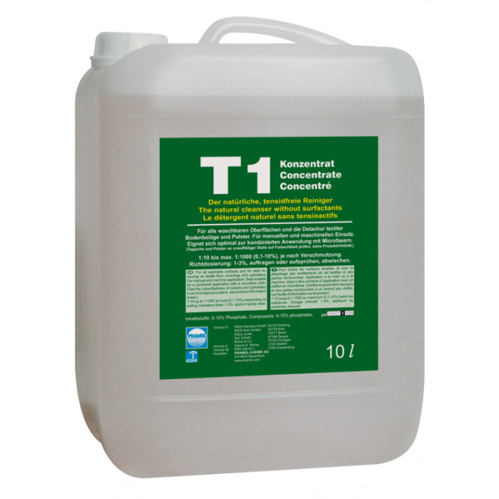T1 Concentrat, активный очиститель, не содержащий ПАВ, для всех моющихся поверхностей и текстильных напольных покрытий, Pramol (10 л., 1 шт., Розница)