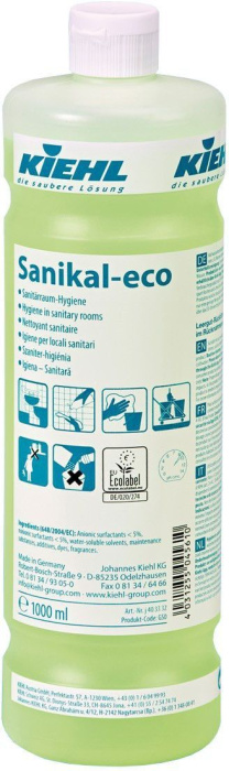 Sanikal-eco, щелочное чистящее ЭКО средство со свежим интенсивным запахом для ежедневной уборки санитарных помещений, KIEHL (1 л., 1 шт., Розница)