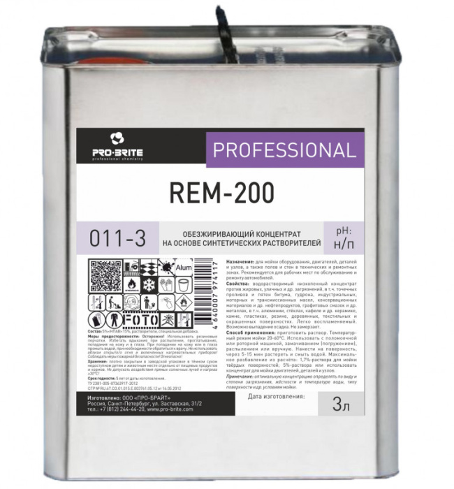 REM-200, обезжиривающий концентрат на основе синтетических растворителей, Pro-Brite (3 л., 1 шт., Розница)
