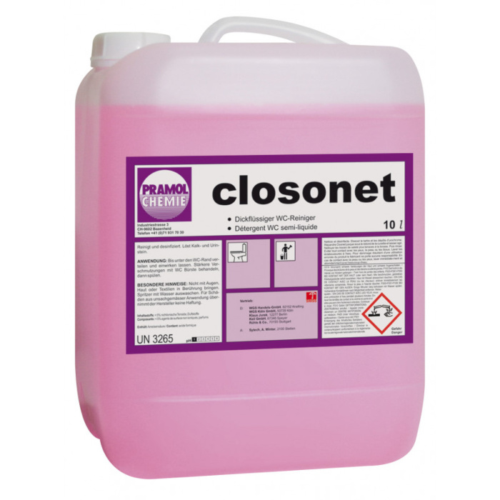 CLOSONET, вязкое очищающее средство для унитазов и писсуаров для эффективного и быстрого удаления известковых отложений и солей мочи, Pramol (10 л., 1 шт., Розница)
