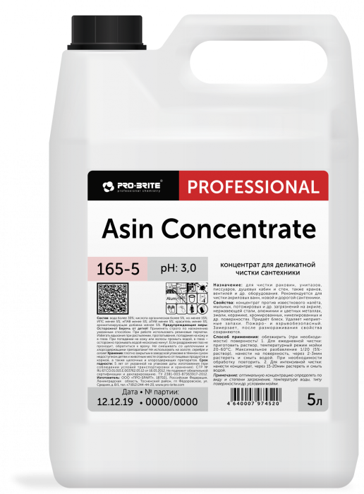 ASIN, готовое средство на основе фруктовой кислоты для деликатной чистки сантехники, Pro-brite (5 л., 1 шт., Розница)